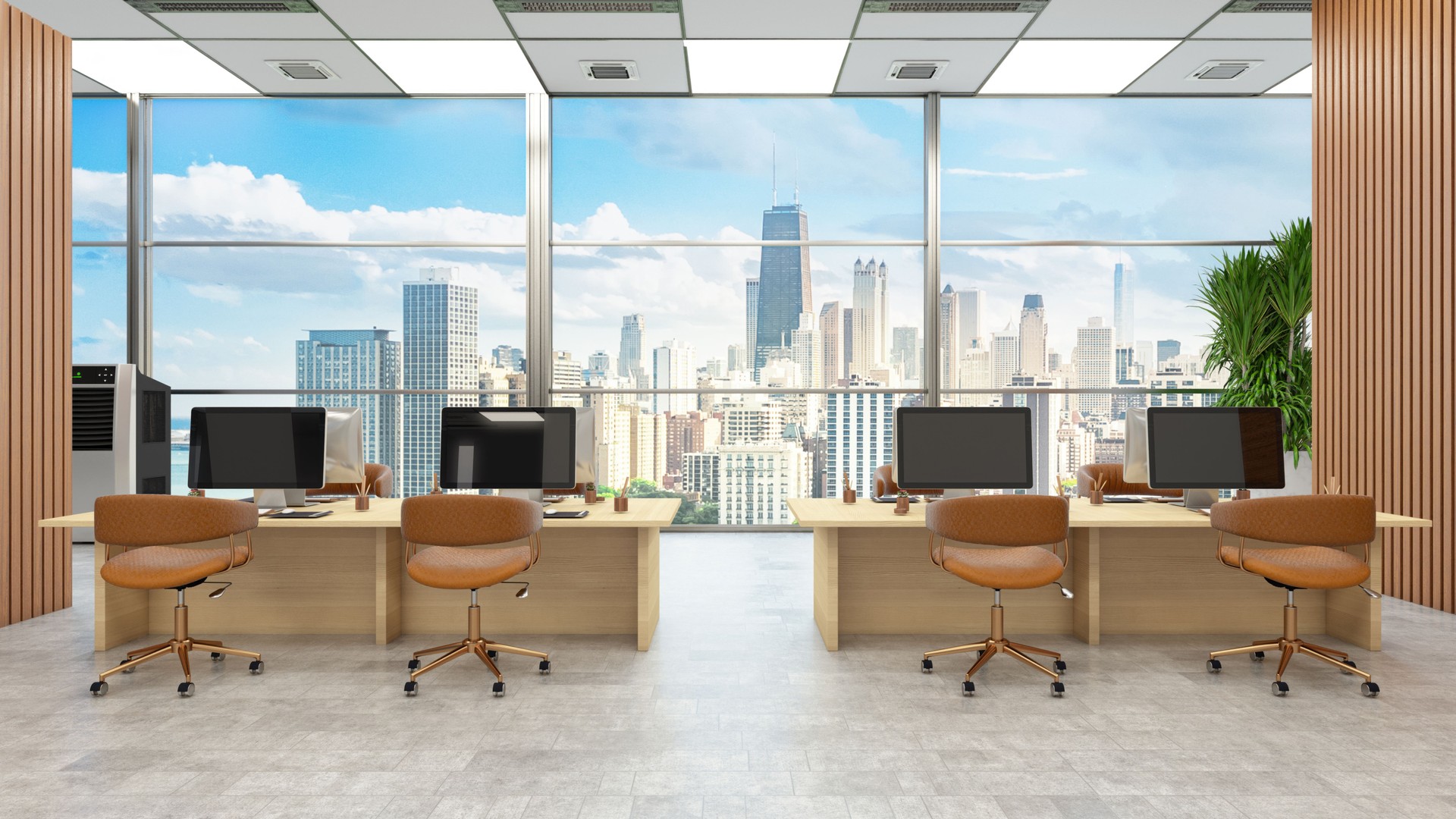 Modern Open Office Interior with Computers and Cityscape