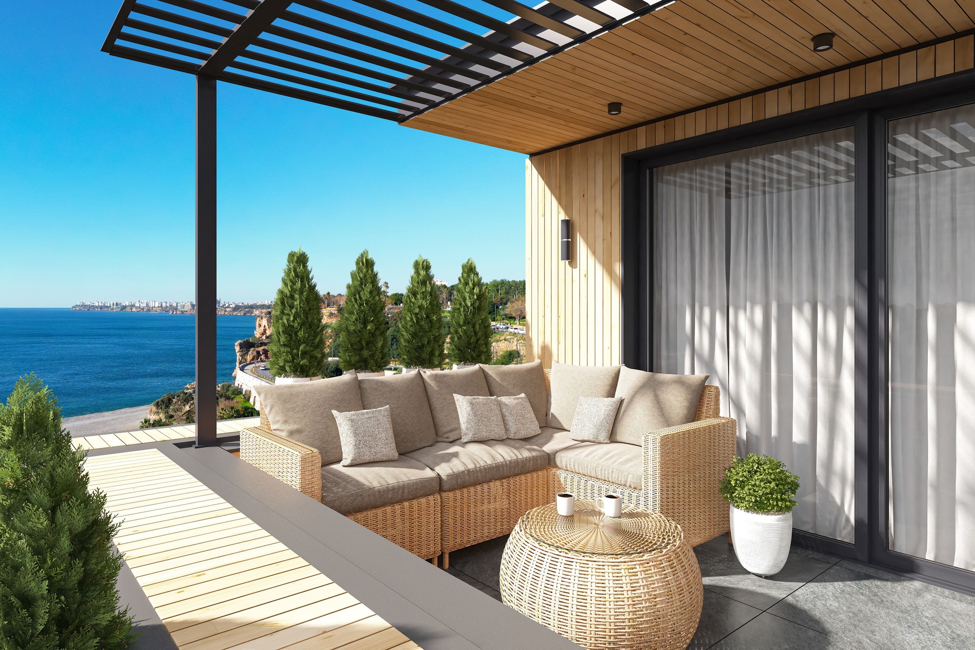 Elegant Outdoor Patio with Rattan Seating and Ocean Views in Antalya, Turkey